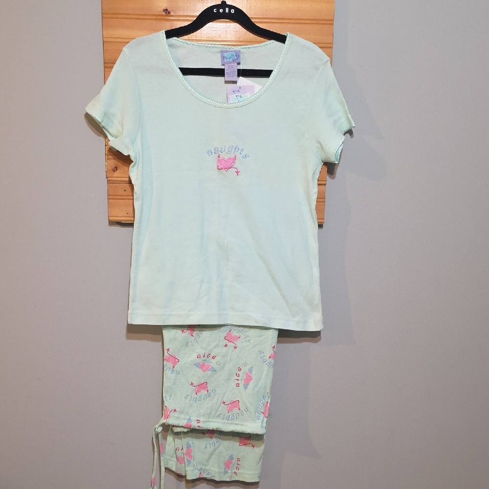 Pillow Talk Pajama Set Medium Mint Green‎ Naughty Nice Devil Heart Print Y2
